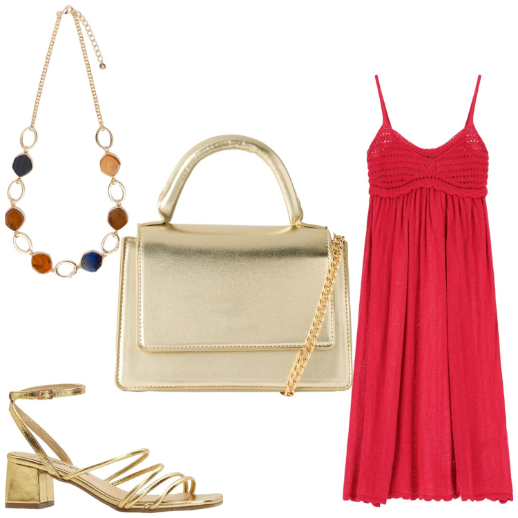 Outfit donna - Rosso gioiello. Stile Chic per Serata fuori. Abbinamento con sandali col tacco, borse a tracolla, vestiti, collane.