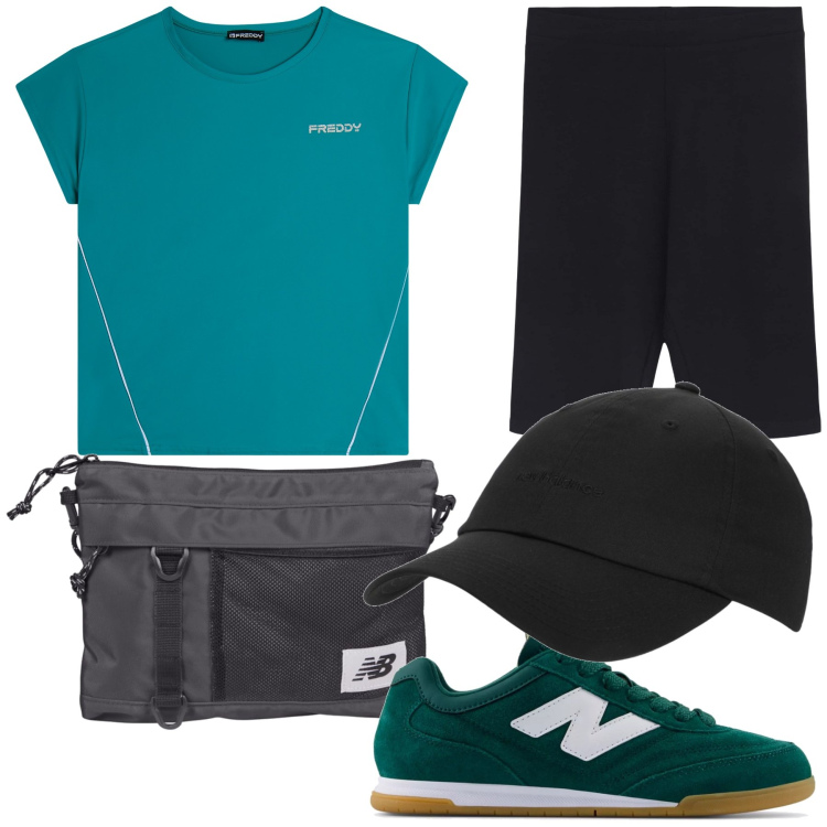 Outfit donna - Trekking. Stile Basic per Tutti i giorni. Abbinamento con pantaloncini sportivi, cappelli con visiera, borse sportive, sneakers, t-shirt sportive.