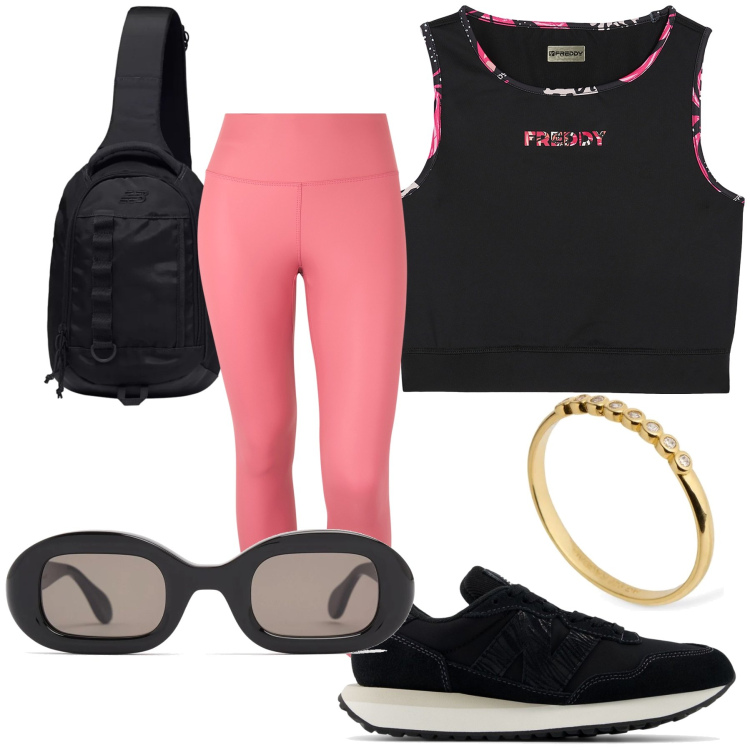 Outfit donna - Sport forever. Stile Trendy per Sport. Abbinamento con borse sportive, sneakers, leggings sportivo, top sportivi, occhiali da sole, anelli.