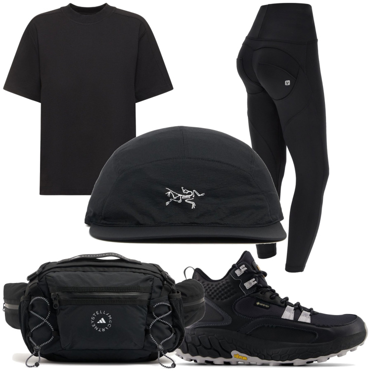 Outfit donna - Sui monti. Stile Sporty chic per Sport. Abbinamento con scarpe sportive, leggings sportivo, t-shirt sportive, borse sportive, cappelli.