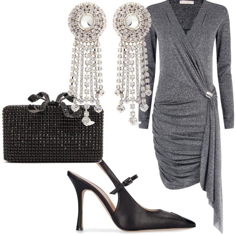 Outfit donna - Brillantissima. Stile Glamour per Serata fuori. Abbinamento con vestiti asimmetrici, orecchini, pochette, décolleté.