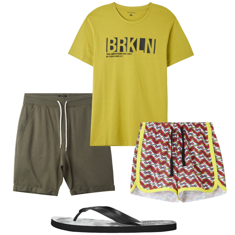 Outfit uomo - Luglio. Stile Casual per Tutti i giorni. Abbinamento con t-shirt, costumi, sandali, pantaloni corti.