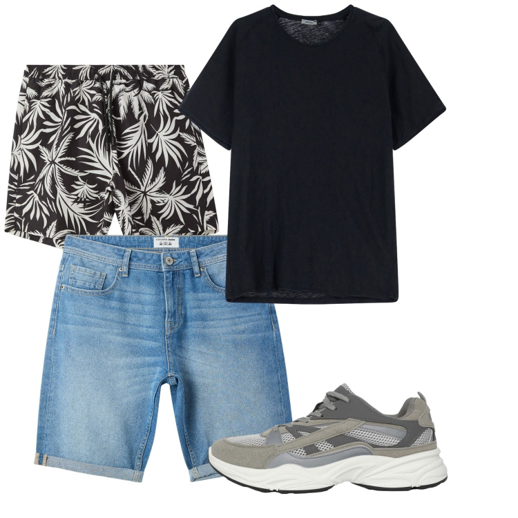 Outfit uomo - Luglio. Stile Casual per Tutti i giorni. Abbinamento con sneakers, bermuda, costumi, t-shirt.