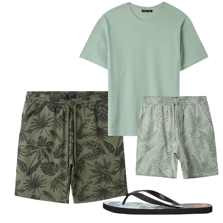 Outfit uomo - Luglio. Stile Casual per Tutti i giorni. Abbinamento con t-shirt, bermuda, costumi, sandali.