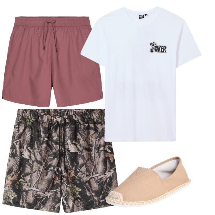 Outfit uomo - Luglio. Stile Casual per Tutti i giorni. Abbinamento con espadrillas, t-shirt, bermuda, costumi.