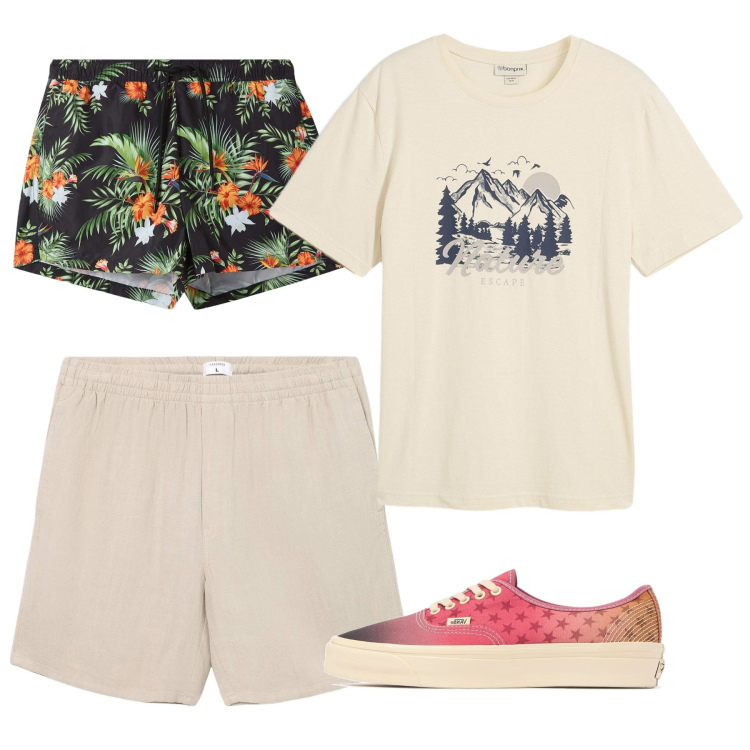 Outfit uomo - Luglio. Stile Casual per Tutti i giorni. Abbinamento con t-shirt, costumi, pantaloni corti, sneakers.