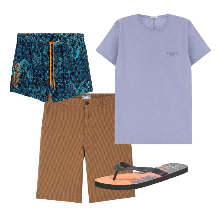 Outfit uomo - Un tuffo dove l\'acqua è più blu. Stile Casual per Mare. Abbinamento con costumi, bermuda, sandali, t-shirt.