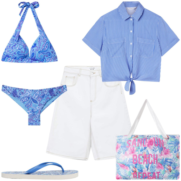 Outfit donna - Total look #2213275. Stile Sporty chic per Mare. Abbinamento con camicie a manica corta, bermuda, infradito, bikini, borse tote, bikini.