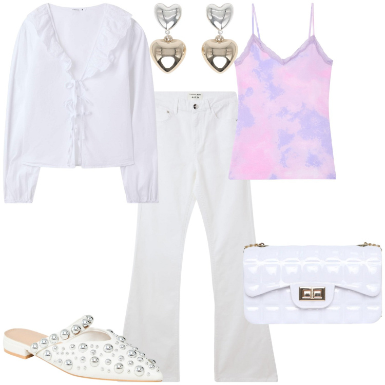 Outfit donna - Total look #2213276. Stile Trendy per Serata fuori. Abbinamento con top, jeans a zampa, ballerine, orecchini, camicie, borse a tracolla.