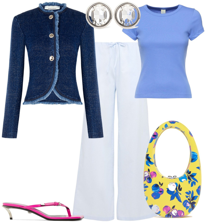 Outfit donna - Total look #2213278. Stile Glamour per Serata fuori. Abbinamento con blazer, sandali in pelle, orecchini, borse a mano, t-shirt, pantaloni.