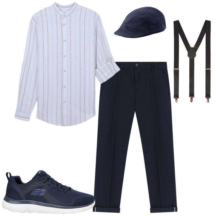 Outfit uomo - Con le bretelle. Stile Trendy per Serata speciale. Abbinamento con sneakers, camicie, pantaloni chino, bretelle, cappelli con visiera.