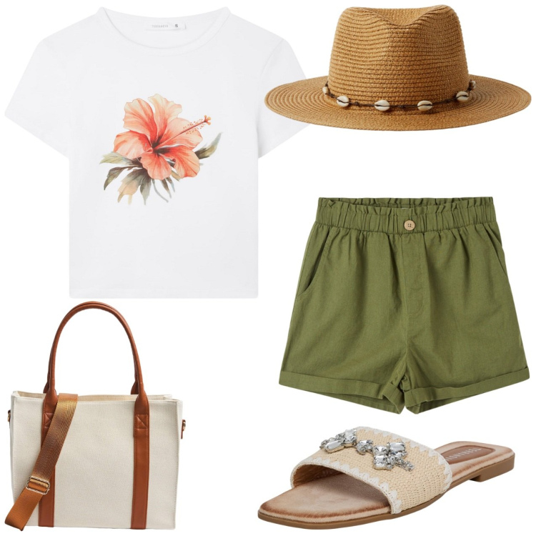 Outfit donna - Mi sento in vacanza. Stile Casual per Mare. Abbinamento con pantaloni corti, t-shirt, ciabatte, shopping bag, cappelli.