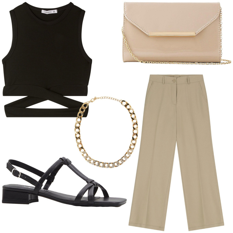 Outfit donna - Quiet luxury. Stile Chic per Ufficio. Abbinamento con pochette, sandali col tacco, collane, top, pantaloni.