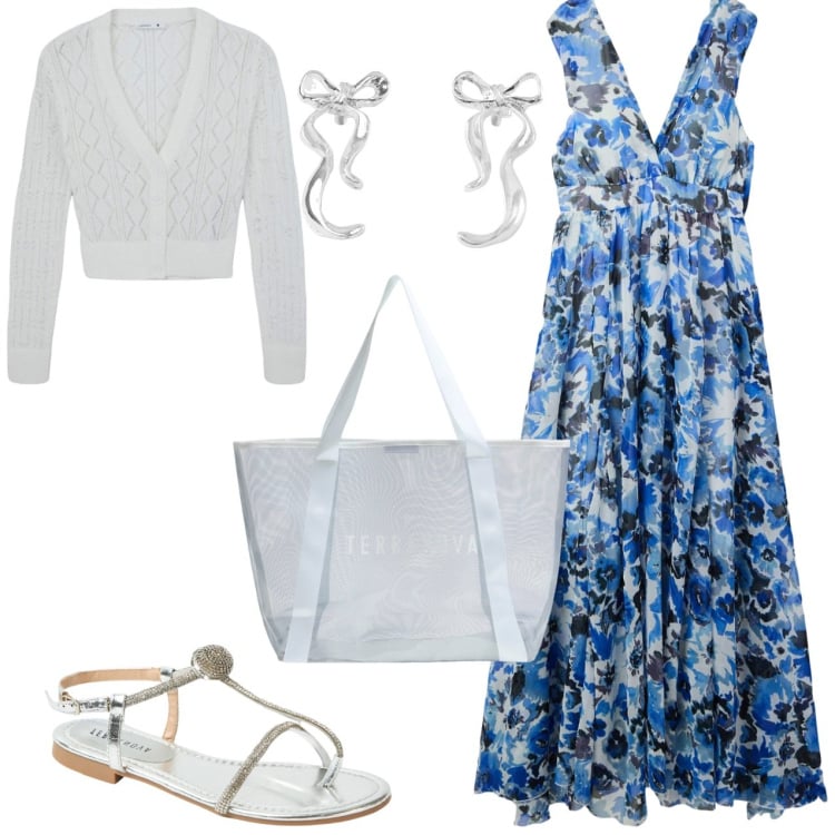 Outfit donna - Serata romantica sul litorale. Stile Casual per Serata fuori. Abbinamento con vestiti lunghi, cardigans, orecchini, ciabatte, shopping bag.