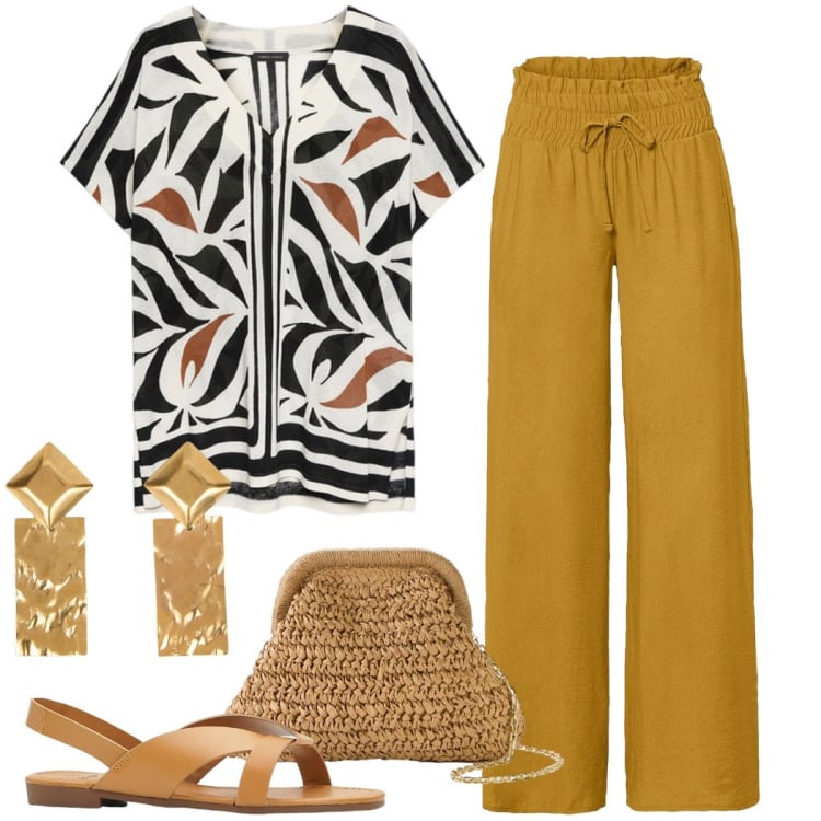 Outfit donna - Blusa e pantaloni fluidi. Stile Casual chic per Tutti i giorni. Abbinamento con pantaloni a palazzo, borse a tracolla, sandali, bluse, orecchini.