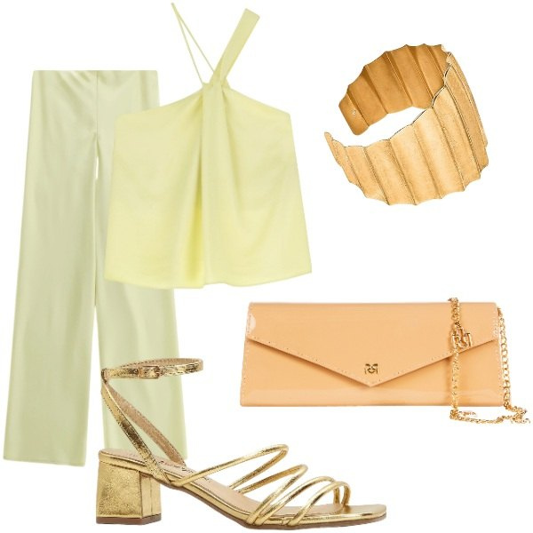 Outfit donna - Cerimonia tra intimi. Stile Casual per Cerimonia. Abbinamento con sandali col tacco, pochette, top, pantaloni, braccialetti.