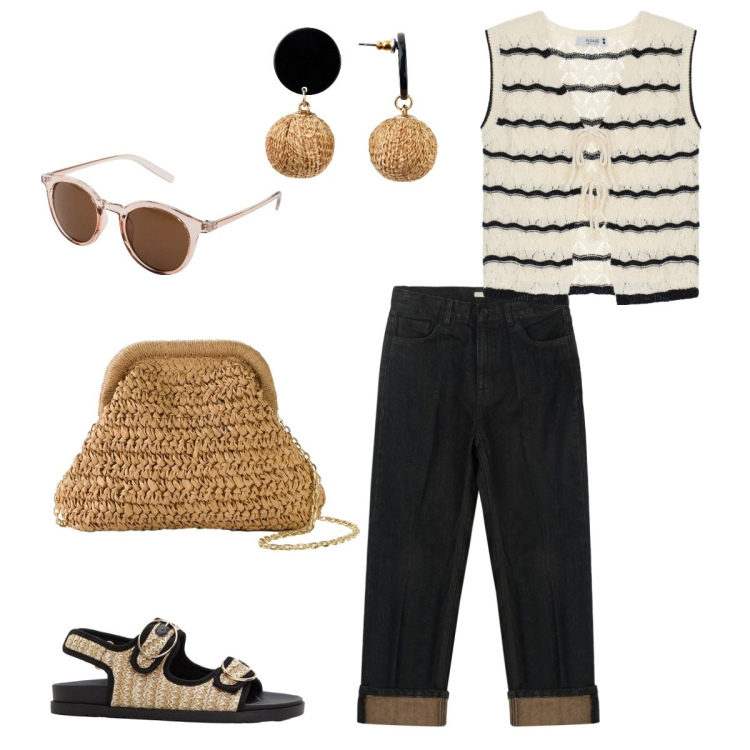 Outfit donna - Aperitivo post lavoro. Stile Casual per Tutti i giorni. Abbinamento con orecchini, occhiali da sole, sandali, borse a tracolla, top, jeans dritti.