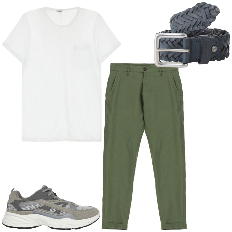 Outfit uomo - Casual style. Stile Urban per Ufficio. Abbinamento con sneakers, cinture, t-shirt, pantaloni.
