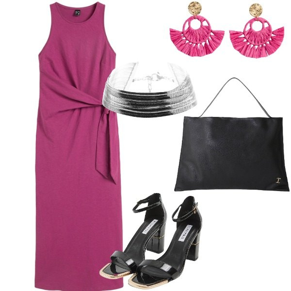 Outfit donna - A cena fuori. Stile Casual chic per Serata fuori. Abbinamento con vestiti, orecchini, sabot, borse a spalla, braccialetti.