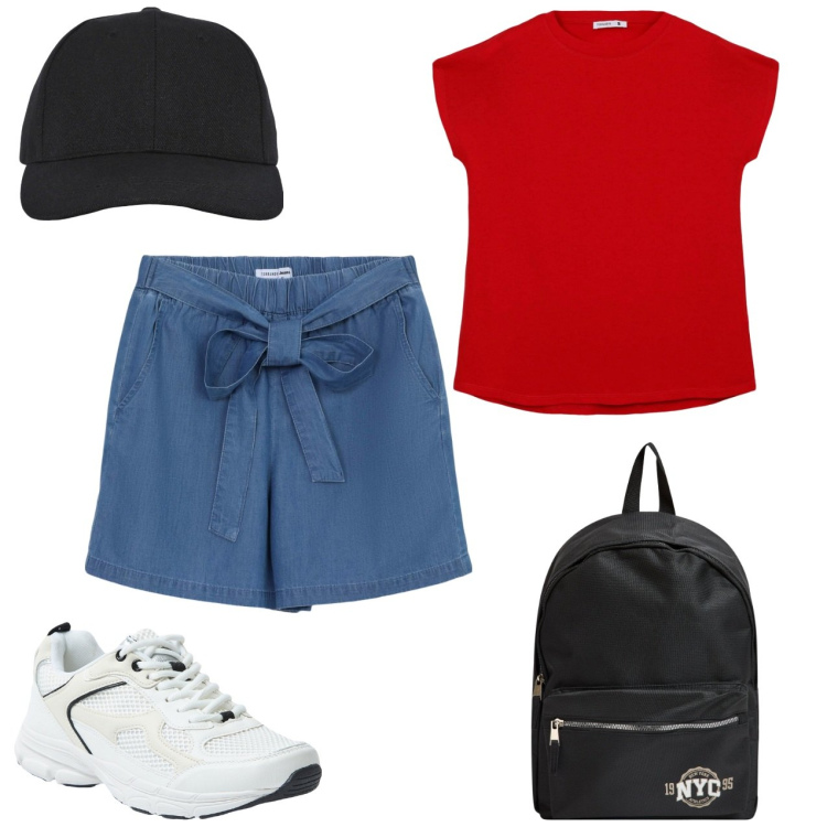 Outfit donna - Vacanze sportive. Stile Casual per Tutti i giorni. Abbinamento con shorts, t-shirt, cappelli con visiera, zaini, sneakers.