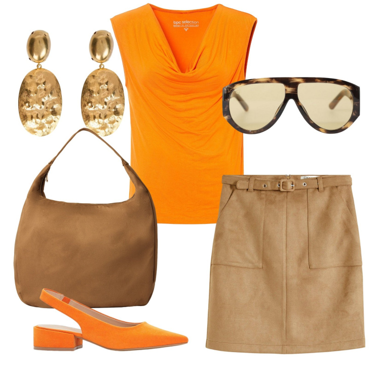 Outfit donna - Arancio caldo. Stile Casual per Tutti i giorni. Abbinamento con gonne, top, décolleté, borse a mano, occhiali da sole, orecchini.
