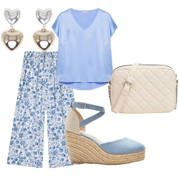 Outfit donna - Le serate di Luglio. Stile Casual per Tutti i giorni. Abbinamento con sandali, orecchini, pantaloni a palazzo, borse a tracolla, t-shirt.