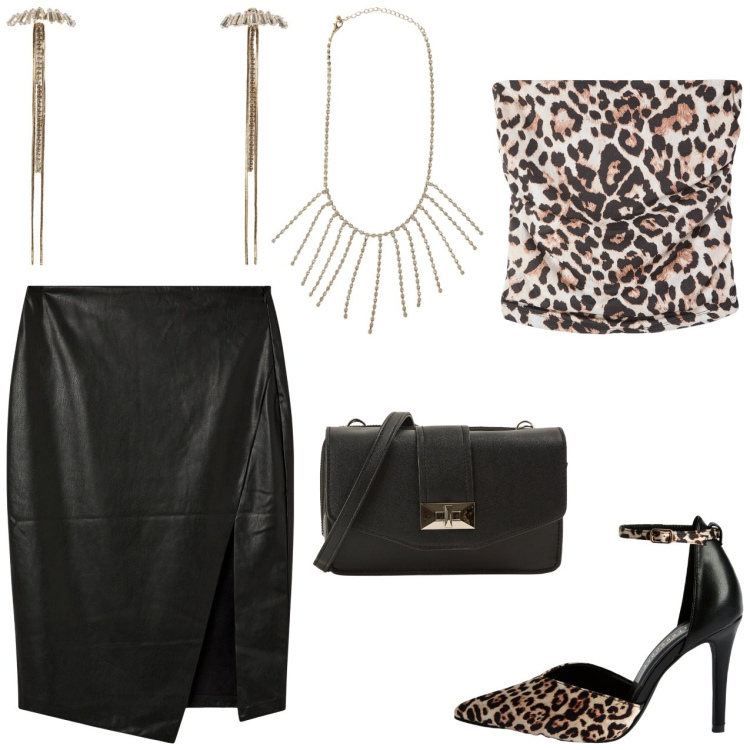 Outfit donna - Appuntamento intrigante. Stile Sexy per Serata fuori. Abbinamento con top, décolleté, borse a tracolla, gonne longuette, orecchini, collane.