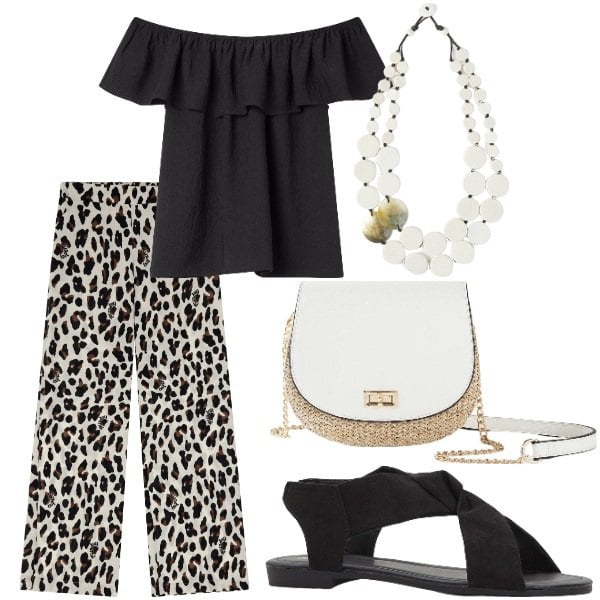 Outfit donna - Le serate di Luglio. Stile Casual per Tutti i giorni. Abbinamento con sandali, borse a tracolla, bluse, pantaloni a palazzo, ciondoli.