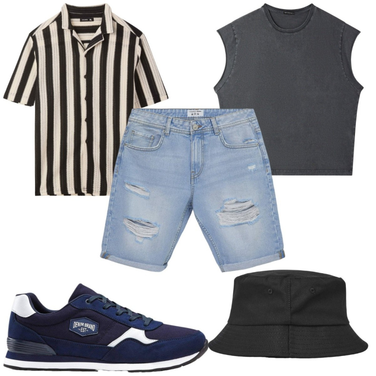 Outfit uomo - Total look #2213316. Stile Trendy per Tutti i giorni. Abbinamento con sneakers, bermuda, cappelli, camicie a manica corta, t-shirt.