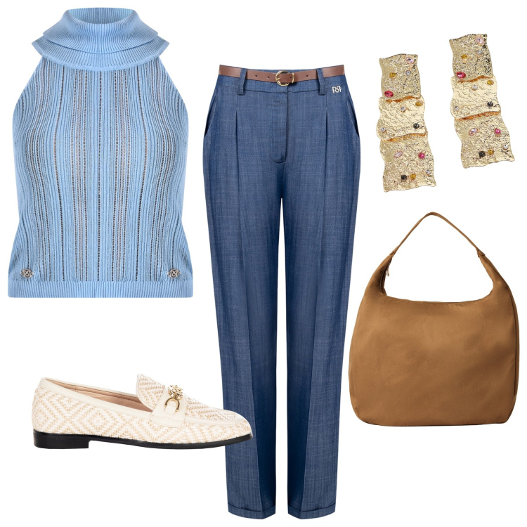 Outfit donna - Un pensiero a settembre. Stile Casual chic per Ufficio. Abbinamento con borse a mano, pantaloni, top, mocassini, orecchini.