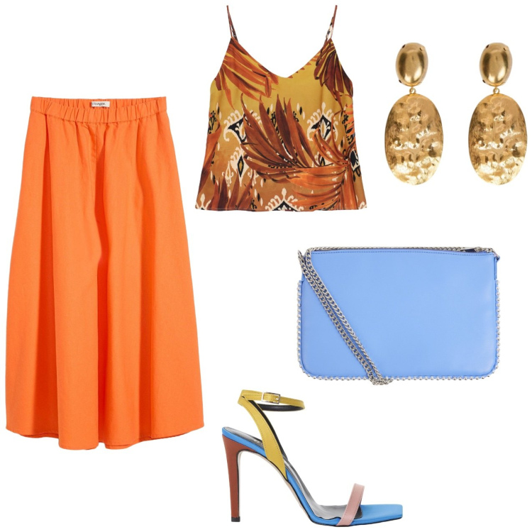 Outfit donna - Leggera con stile. Stile Casual chic per Tutti i giorni. Abbinamento con gonne longuette, borse a tracolla, canottiere, sandali col tacco, orecchini.