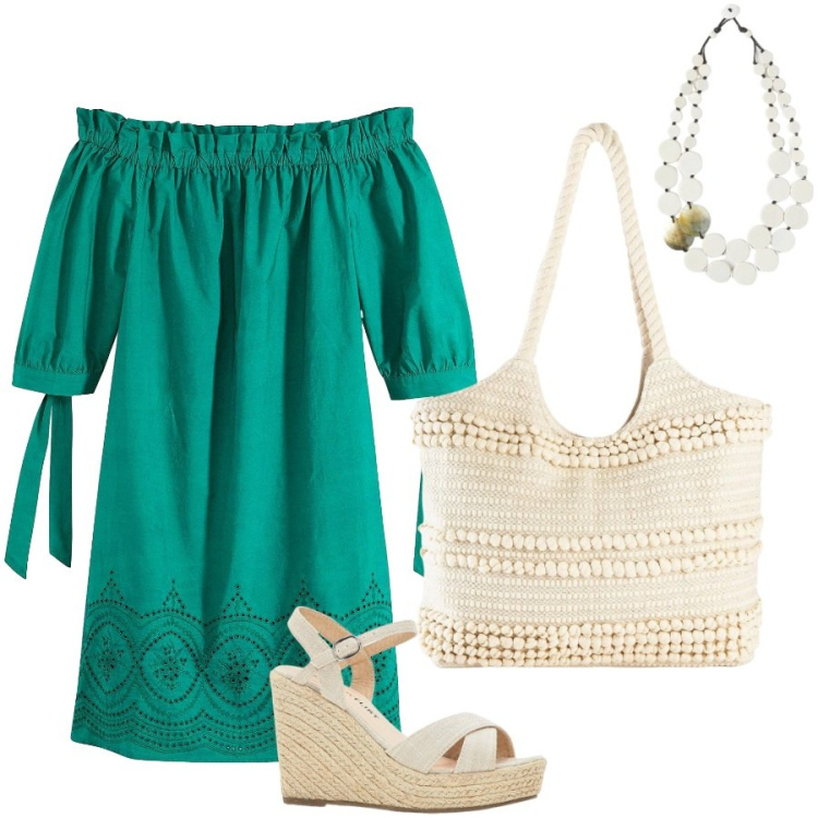 Outfit donna - Abito verde accessori beige. Stile Casual chic per Tutti i giorni. Abbinamento con shopping bag, vestiti, sandali, ciondoli.