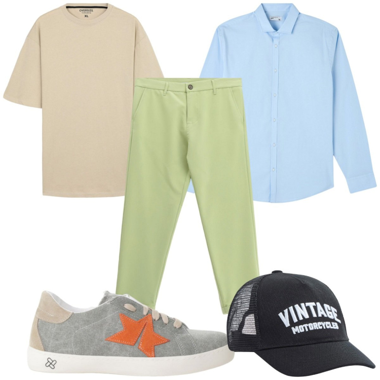 Outfit uomo - Total look #2213336. Stile Trendy per Tutti i giorni. Abbinamento con t-shirt, cappelli, camicie, pantaloni, sneakers.