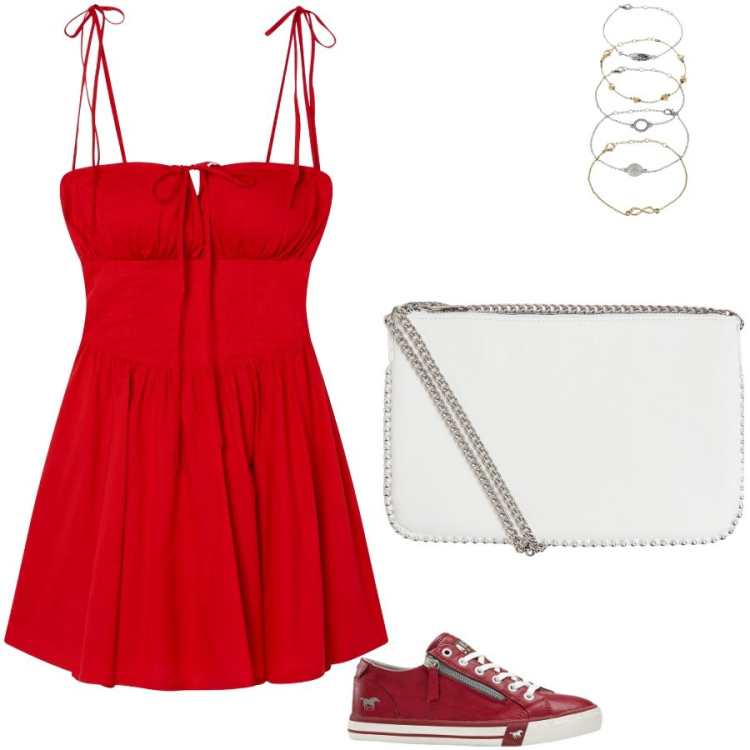 Outfit donna - Per una passeggiata con un amica. Stile Casual per Tutti i giorni. Abbinamento con braccialetti con ciondoli, sneakers, vestiti corti, borse a tracolla.