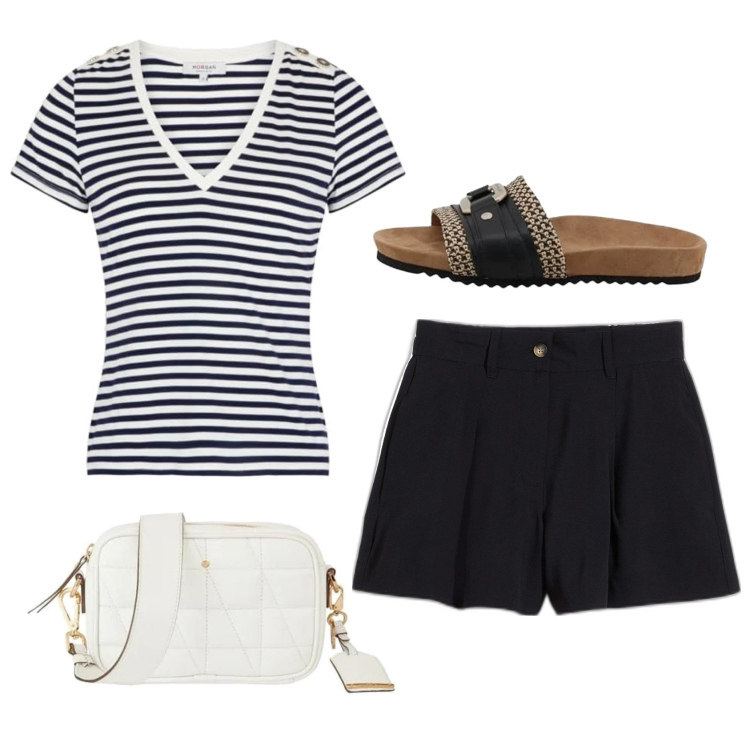 Outfit femme - Marinière. Style Casual pour Tous les jours. Assortir avec short, sandales, t-shirts, sacs à main.