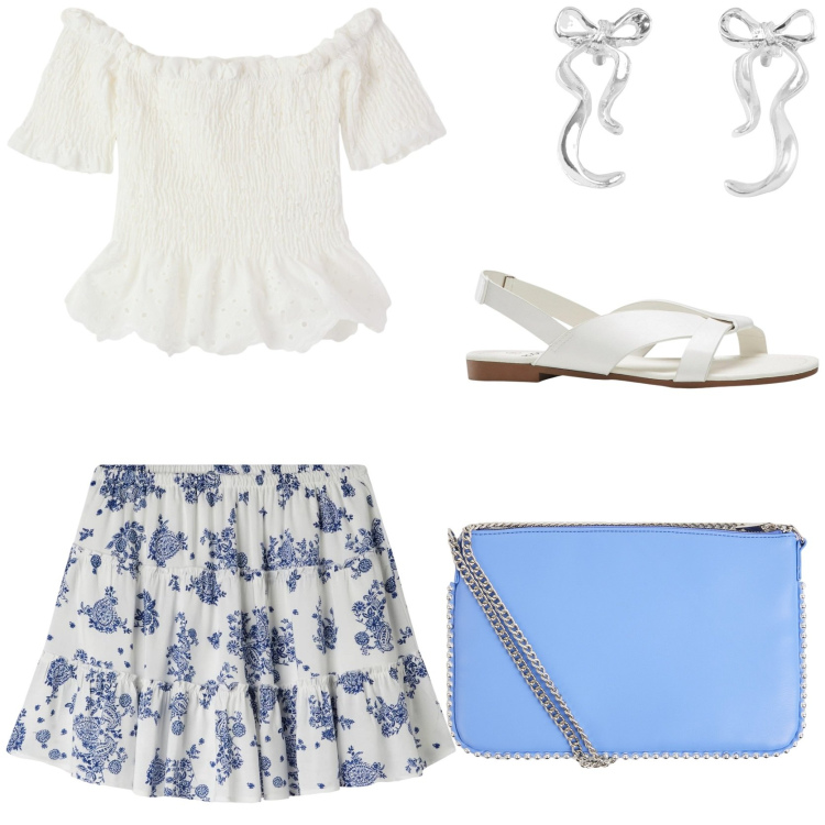 Outfit donna - Romantica. Stile Romantica per Tutti i giorni. Abbinamento con sandali, borse a tracolla, orecchini, bluse, minigonne.