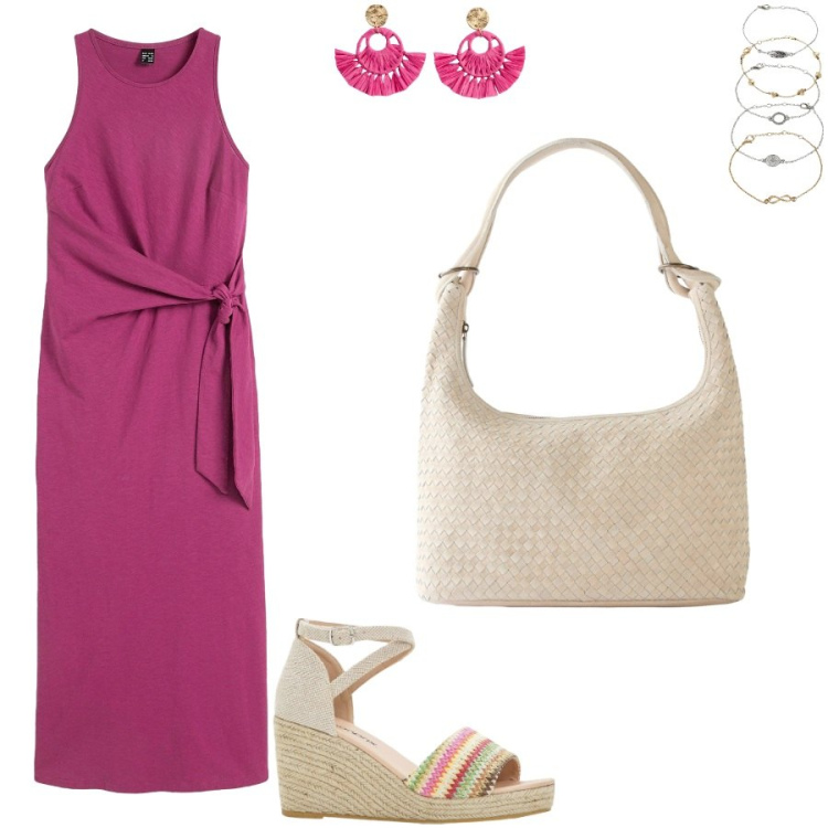 Outfit donna - Il tubino con nodo. Stile Casual chic per Ufficio. Abbinamento con vestiti, braccialetti con ciondoli, orecchini, shopping bag, sandali.