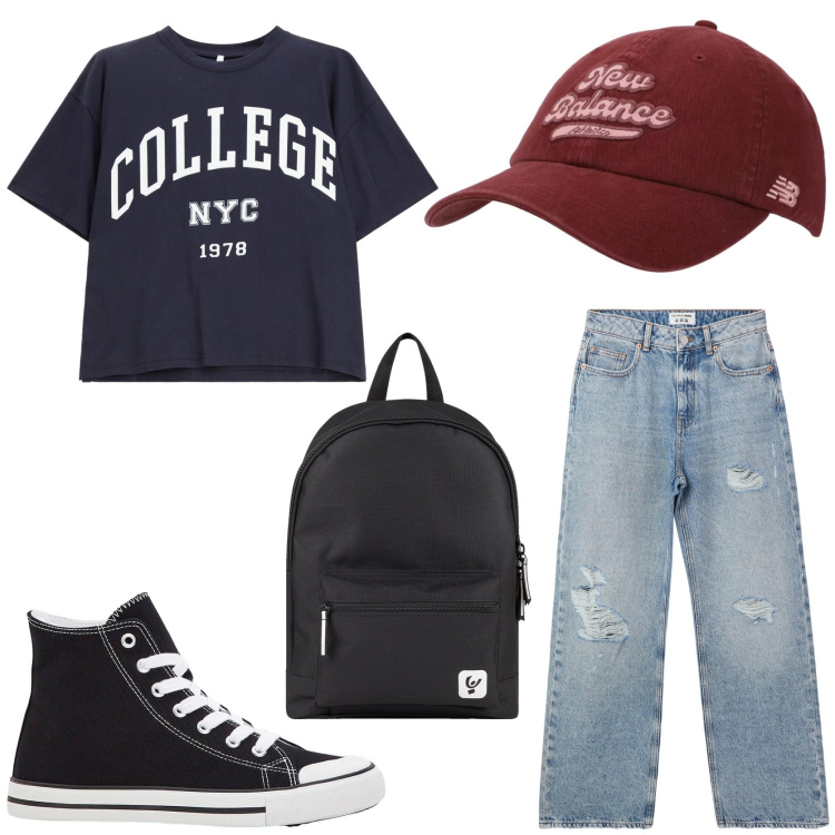 Outfit donna - Hipster. Stile Casual per Scuola/Università. Abbinamento con sneakers alte, jeans strappati, cappelli con visiera, t-shirt, zaini.