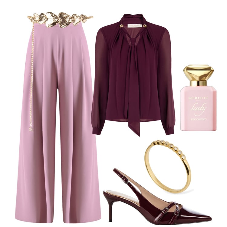 Outfit donna - Cerimonia bon ton. Stile Bon Ton per Cerimonia. Abbinamento con profumi, pantaloni a palazzo, bluse, cinture, décolleté, anelli.