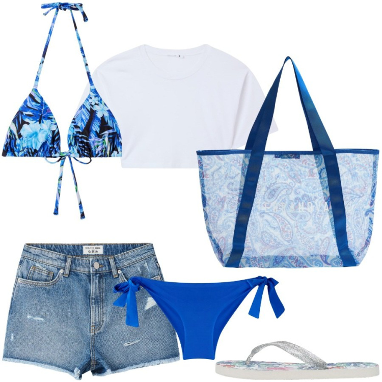 Outfit donna - Il bikini fantasia blu reale. Stile Casual per Mare. Abbinamento con t-shirt, shorts, bikini, infradito, shopping bag, bikini.