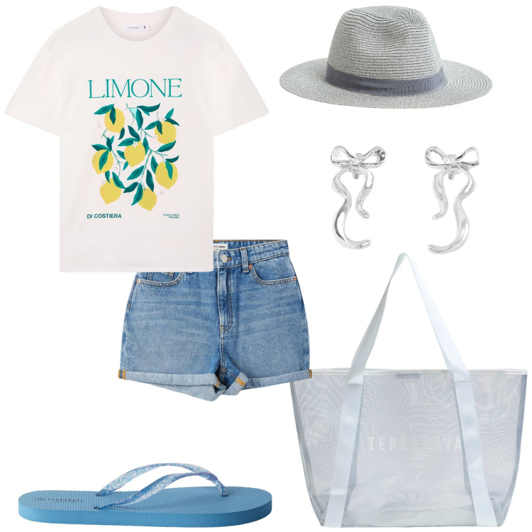 Outfit donna - Vacanza al mare. Stile Casual per Mare. Abbinamento con cappelli, t-shirt, shorts, orecchini, infradito, shopping bag.