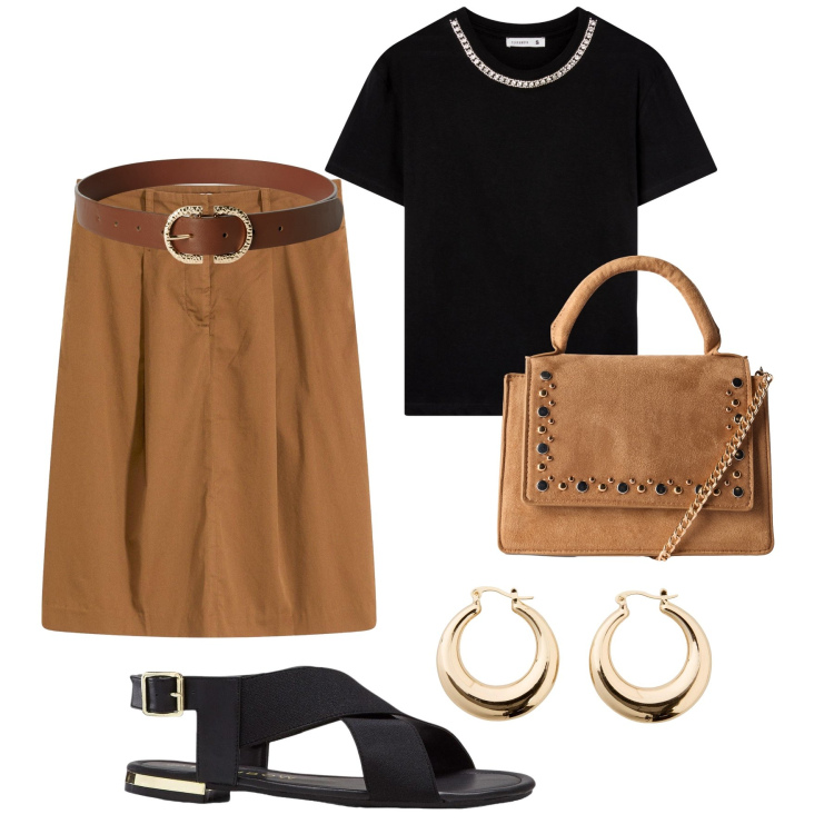 Outfit donna - Una pizza con gli amici. Stile Casual chic per Serata fuori. Abbinamento con sandali, gonne longuette, orecchini, t-shirt, borse a tracolla, cinture.