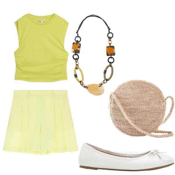 Outfit donna - Outifit di luglio. Stile Casual per Tutti i giorni. Abbinamento con ballerine, maglieria, borse a tracolla, gonne, collane.