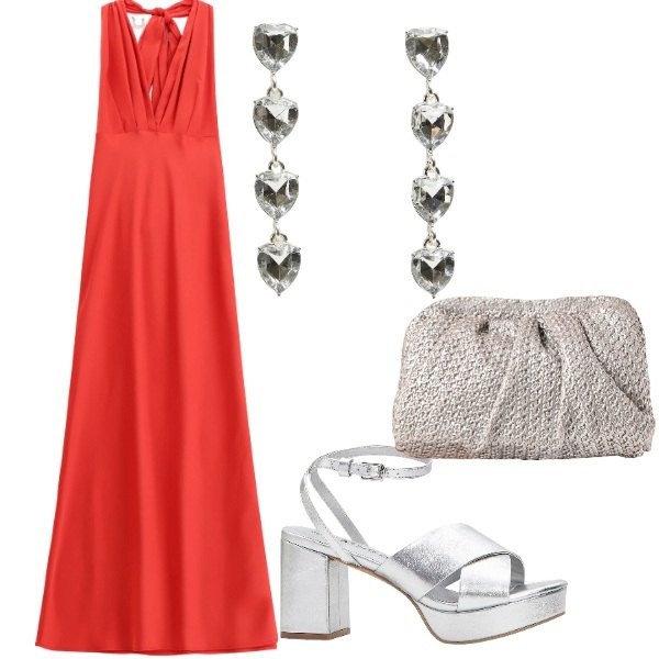 Outfit donna - Matrimonio di sera. Stile Glamour per Cerimonia. Abbinamento con sandali col tacco, orecchini, clutch, vestiti lunghi.