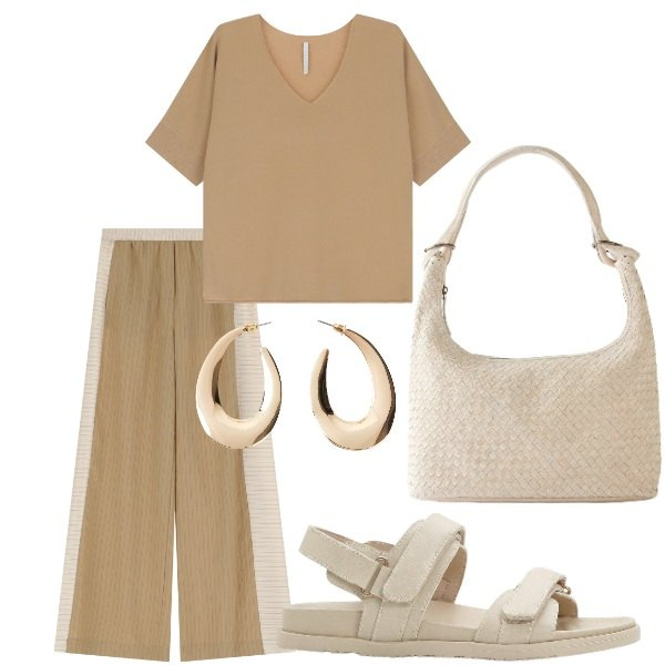 Outfit donna - Outifit di luglio. Stile Casual per Tutti i giorni. Abbinamento con orecchini, shopping bag, sandali, pantaloni, bluse.
