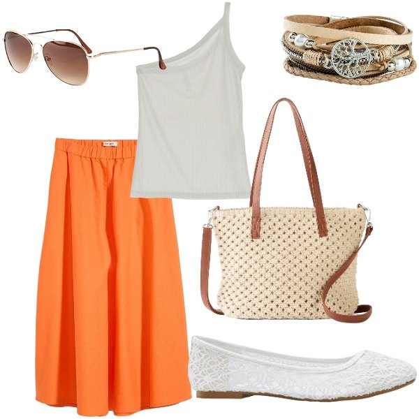 Outfit donna - Outifit di luglio. Stile Casual per Tutti i giorni. Abbinamento con braccialetti, occhiali da sole, ballerine, borse a mano, gonne longuette, top.