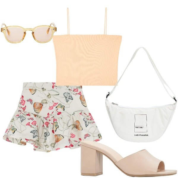 Outfit donna - Outifit di luglio. Stile Casual per Tutti i giorni. Abbinamento con sandali col tacco, marsupi, canottiere, occhiali da sole, minigonne.