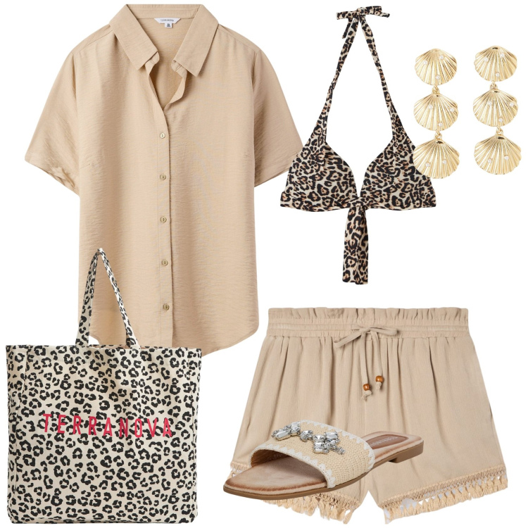 Outfit donna - Leggerezza a mare e in città. Stile Casual chic per Tutti i giorni. Abbinamento con camicie a manica corta, ciabatte, shorts, orecchini, bikini, shopping bag.