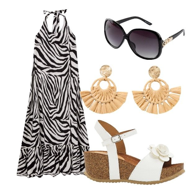 Outfit donna - Outifit di luglio. Stile Casual per Tutti i giorni. Abbinamento con sandali, occhiali da sole, orecchini, vestiti lunghi.