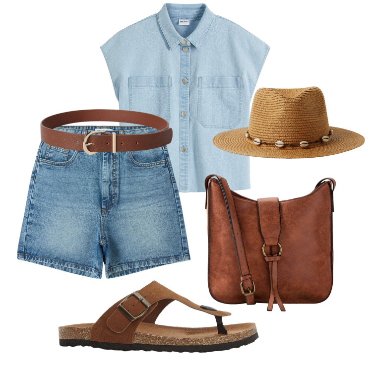 Outfit donna - Rilassata in campagna. Stile Casual per Tutti i giorni. Abbinamento con borse a tracolla, camicie, infradito, bermuda, cinture, cappelli.
